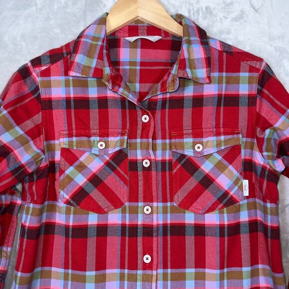 Stio Shirt Women Small Red Multi Plaid Organic Cotton Flannel Long Sleeve - Picture 3 of 11